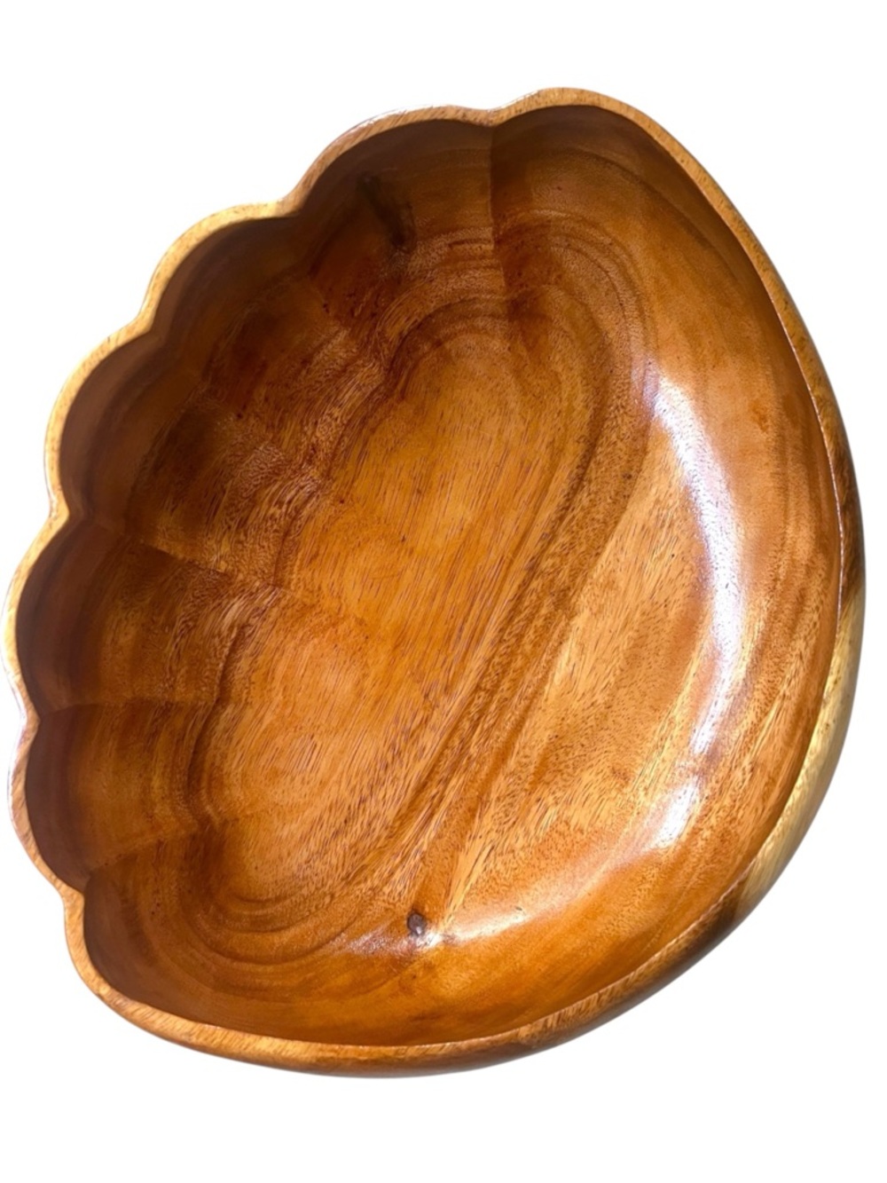 Vintage Large MCM Monkey Pod Wood Serving Bowl Clam Shell Scallop Edge